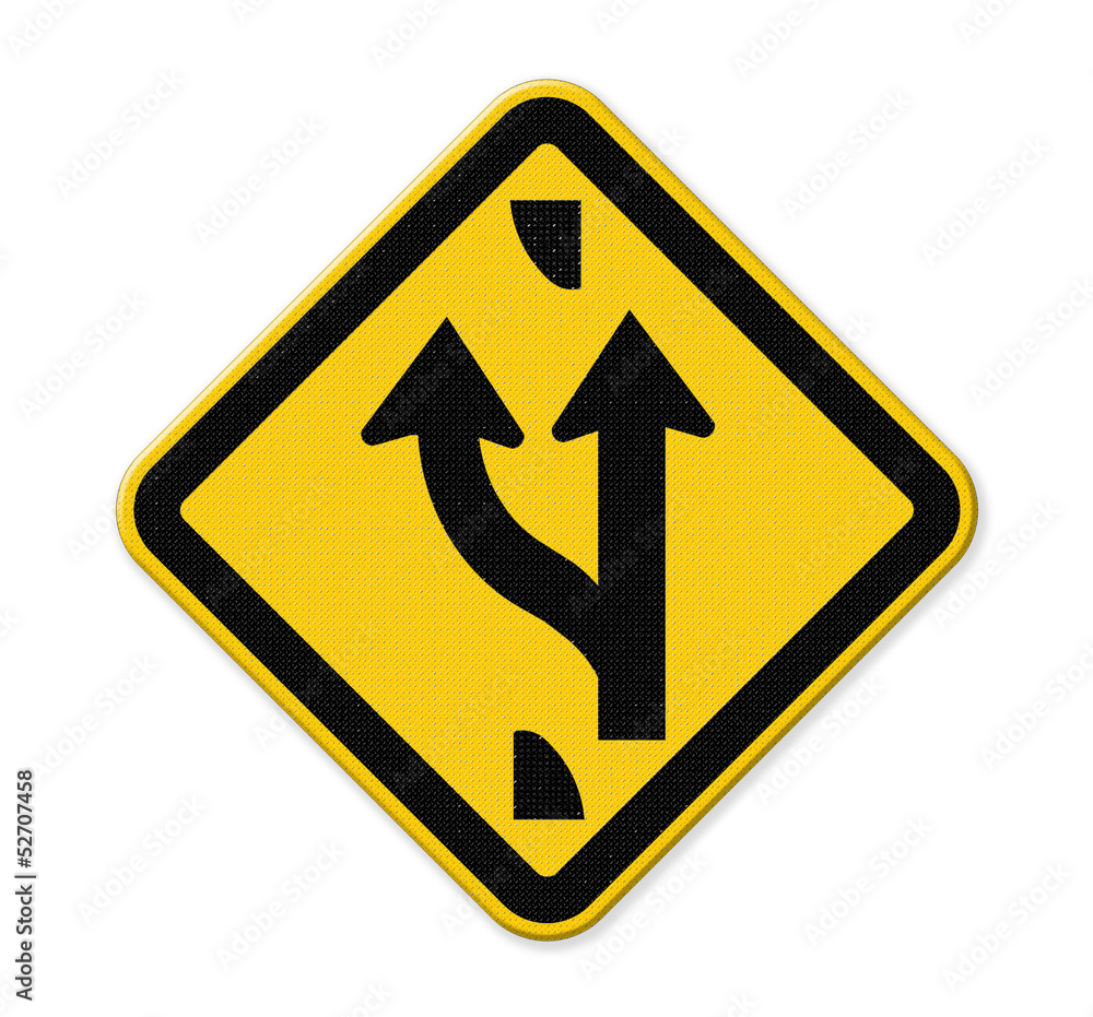 Road sign indicating a forked road ahead (isolated on white) Road sign indicating a forked road ahead (isolated on white)