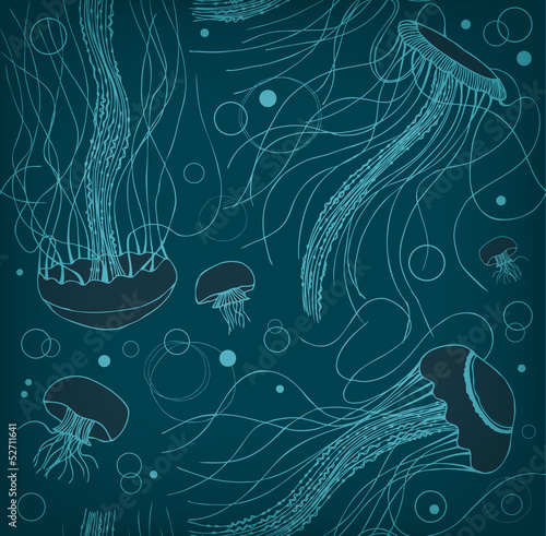 Seamless marine pattern with medusas