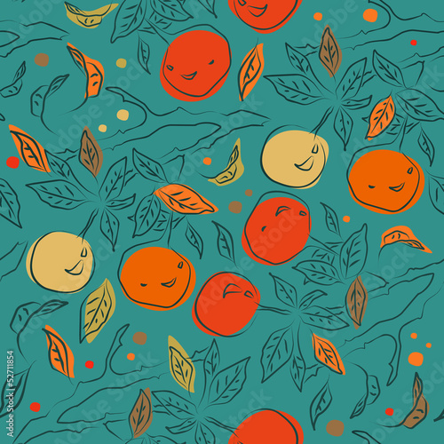 Green and red seamless pattern with orange branches