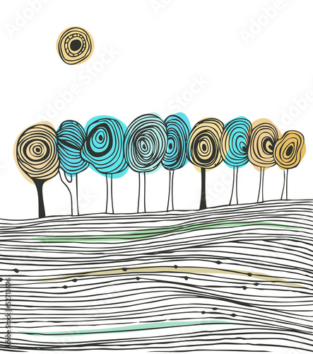 Vector linear landscape with sun and trees