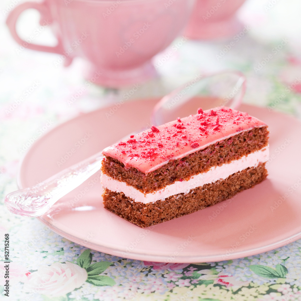 Piece of chocolate raspberry cake, selective focus Piece of chocolate raspberry cake, selective focus