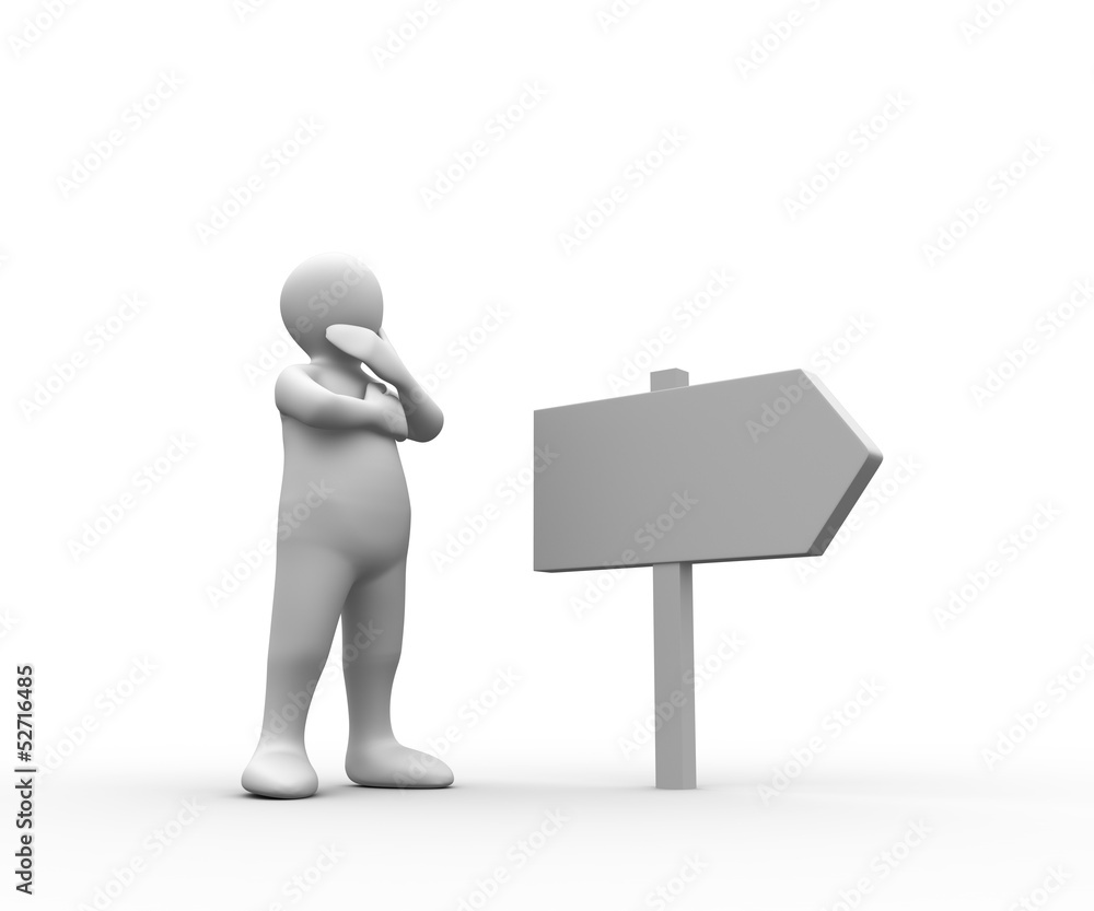 Confused white human representation looking at sign Confused white human representation looking at sign
