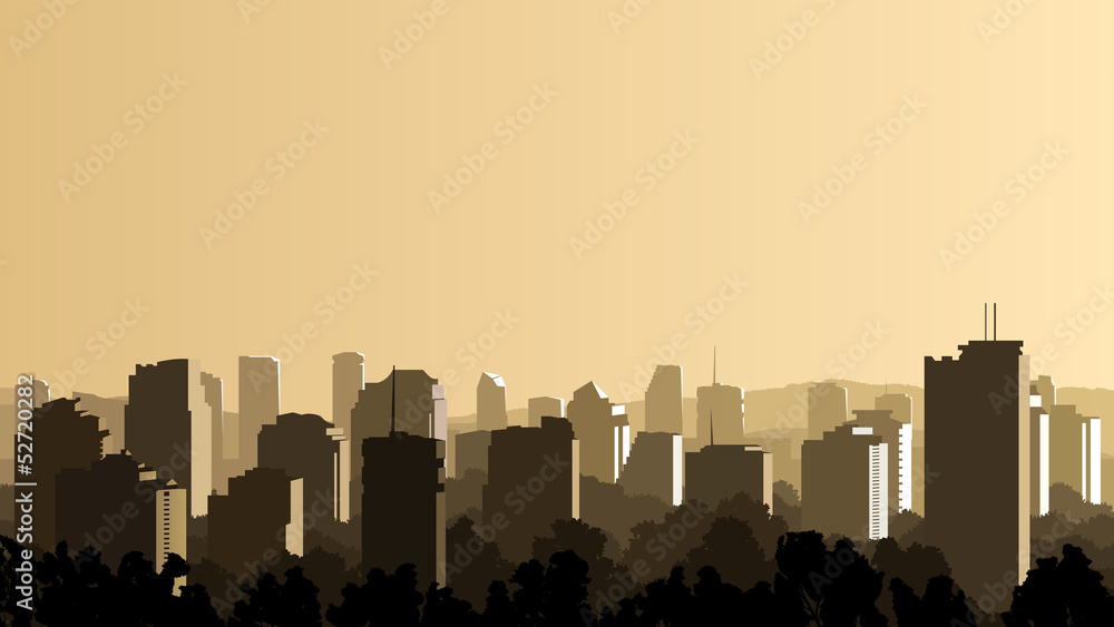 Illustration of big city at sunset.