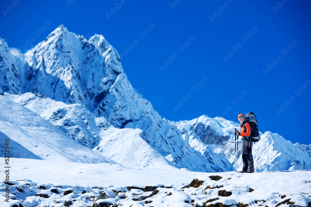 Hiking in Khumbu walley in Himalayas mountains