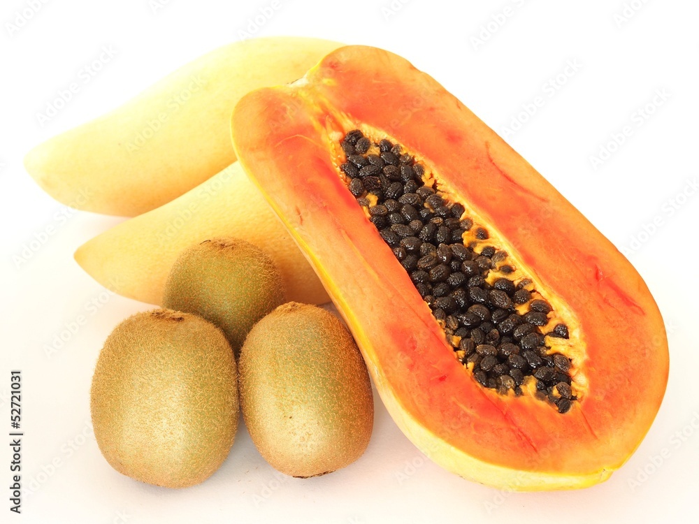 Papaya, mango and kiwi fruit isolated on white background Papaya, mango and kiwi fruit isolated on white background