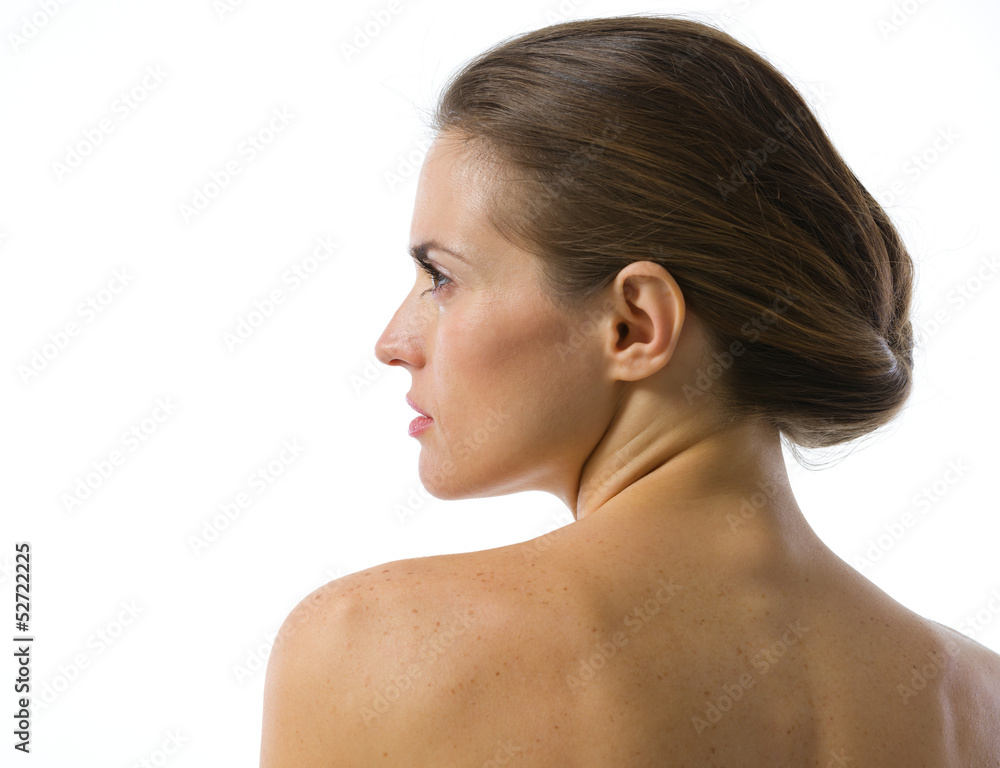 Beauty portrait of young woman looking on copy space . rear view Beauty portrait of young woman looking on copy space . rear view