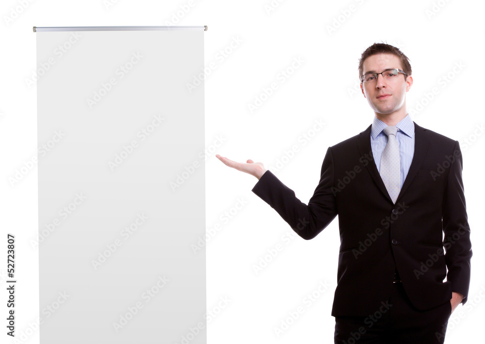 Business man showing Blank roll up banner display isolated on wh Business man showing Blank roll up banner display isolated on wh