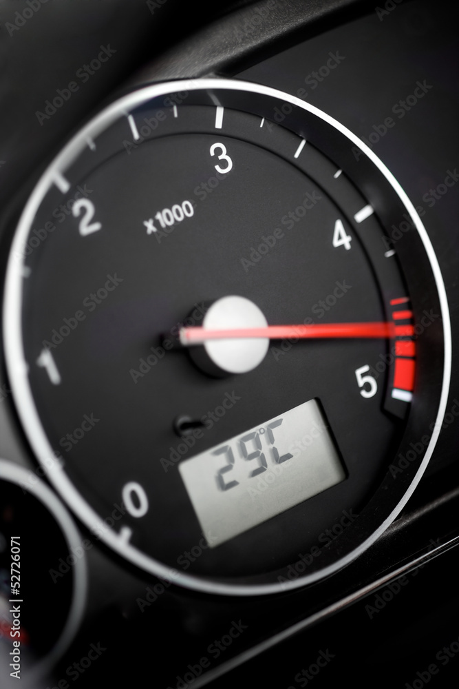 Diesel car tachometer, when driving at high speed. The red indicator on the tachometer approaches the maximum rpm range.