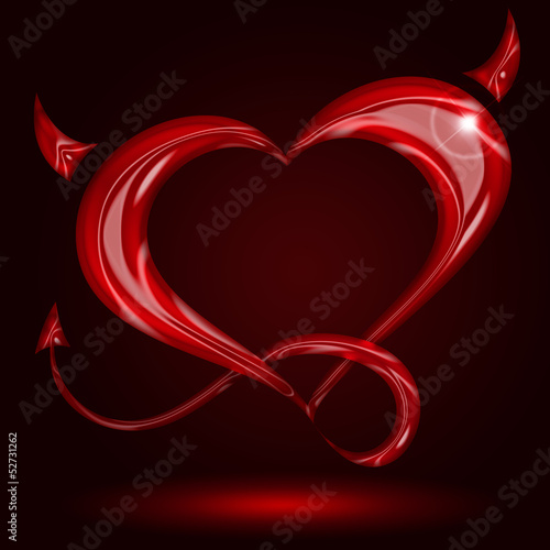 red heart with tail and horns on black background