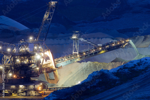 A back-filling machine in an open coal mine at night photo