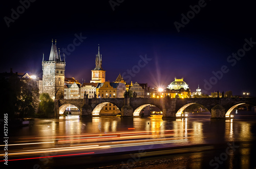 Night shot of Charles Bridge and river in Prague