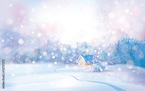 Vector of winter snowy landscape with lonely house in forest.