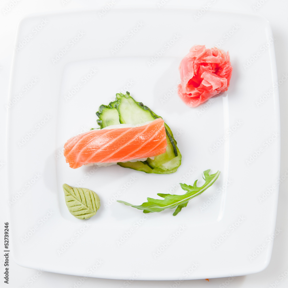 Sushi on plate isolated on white Sushi on plate isolated on white