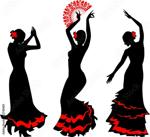 Three silhouettes of flamenco dancer with fan