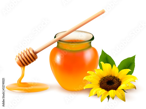 Jar of honey and a dipstick with yellow flower. Vector illustrat