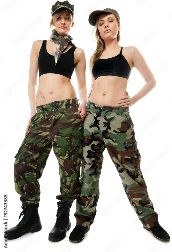 Fototapeta premium Two women in military clothes, army girls