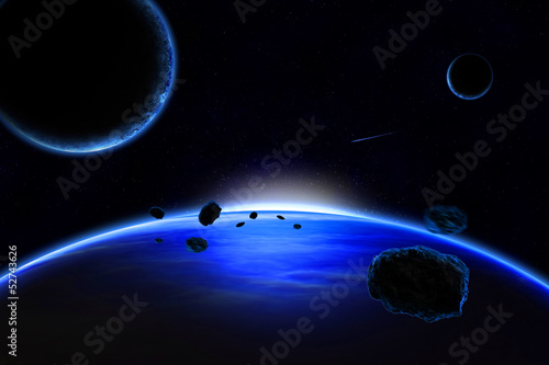 Fototapeta Naklejka Na Ścianę i Meble -  planet with rings at sunrise on the background of the cosmos