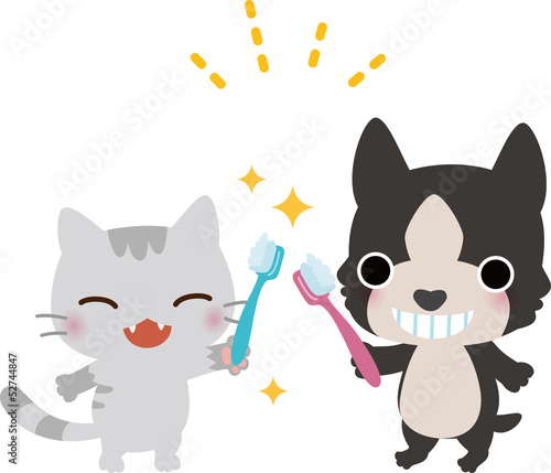 歯磨きをする猫と犬