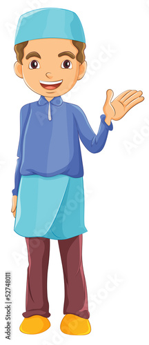 A Muslim boy waving his left hand