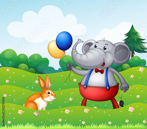 A rabbit and an elephant with balloons
