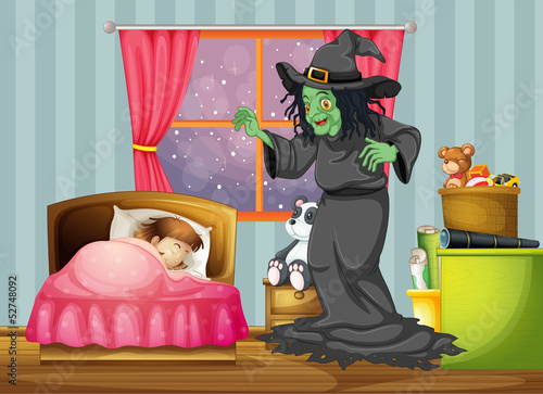 A witch looking at the girl sleeping inside the room