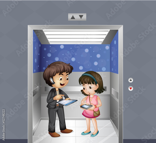Kids with gadgets at the elevator