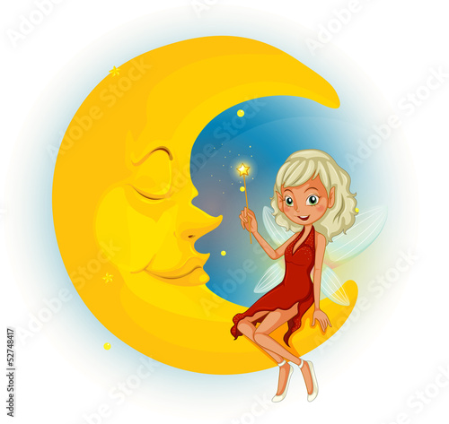 A fairy with a red dress beside the sleeping moon