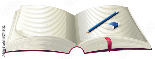 A book with a pencil and an eraser
