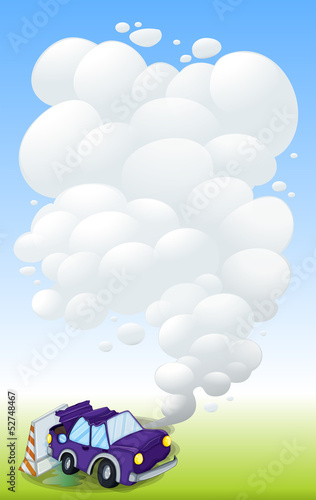 A violet car with smoke