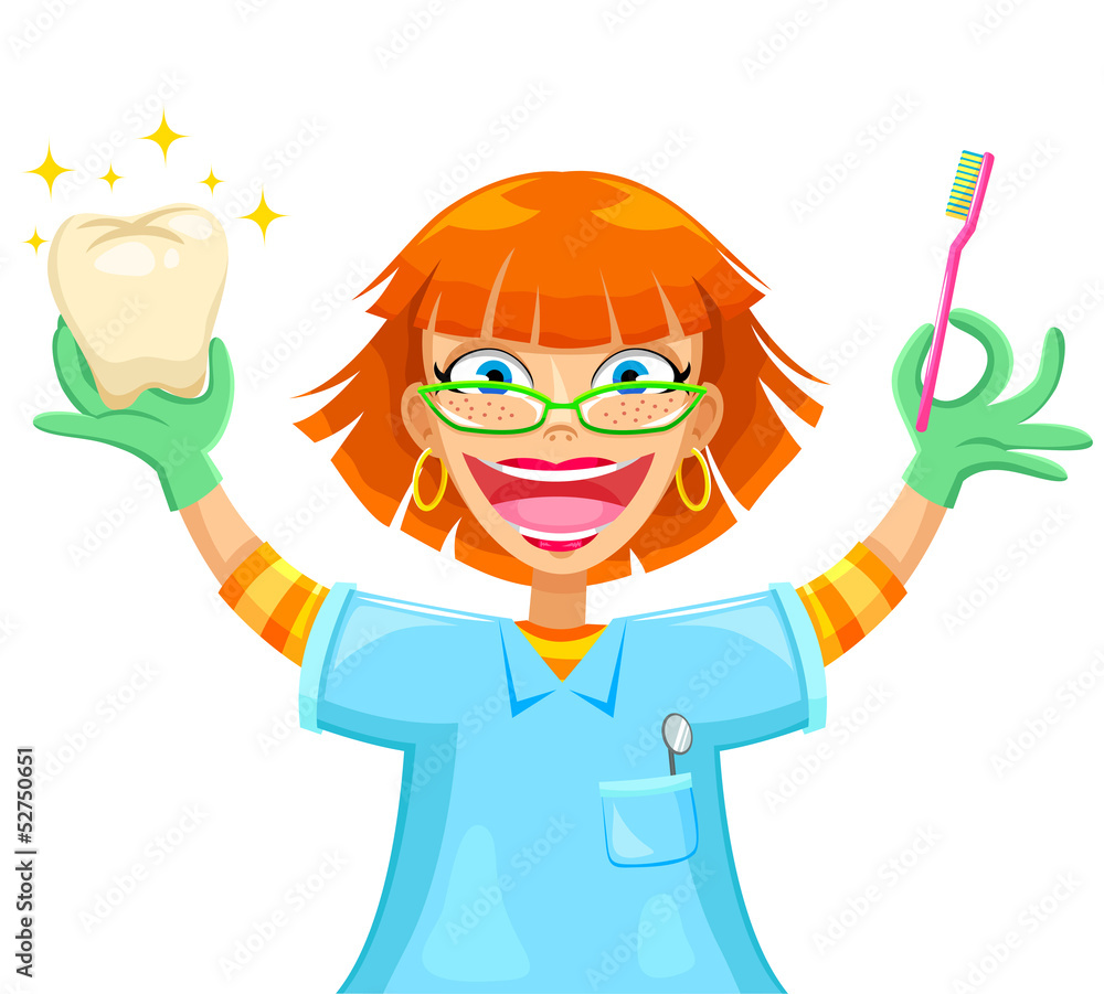 happy dentist holding a toothbrush and a tooth