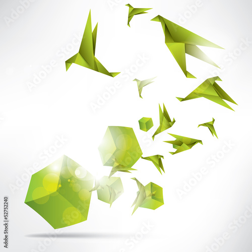 Origami paper bird on abstract background