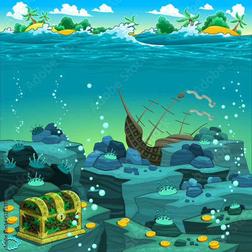 Seascape with treasure and galleon.