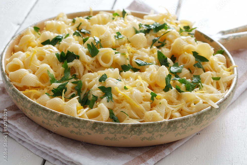 Pasta with cheese, lemon peel and pastry Pasta with cheese, lemon peel and pastry