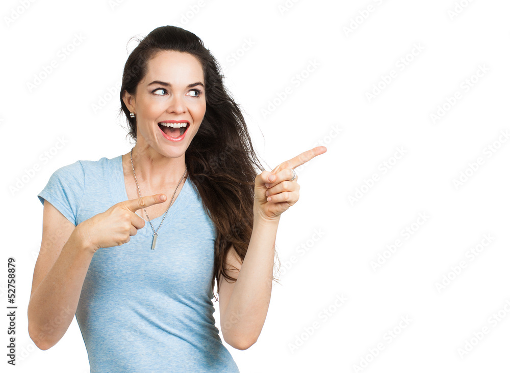 Attractive happy woman pointing. Attractive happy woman pointing.