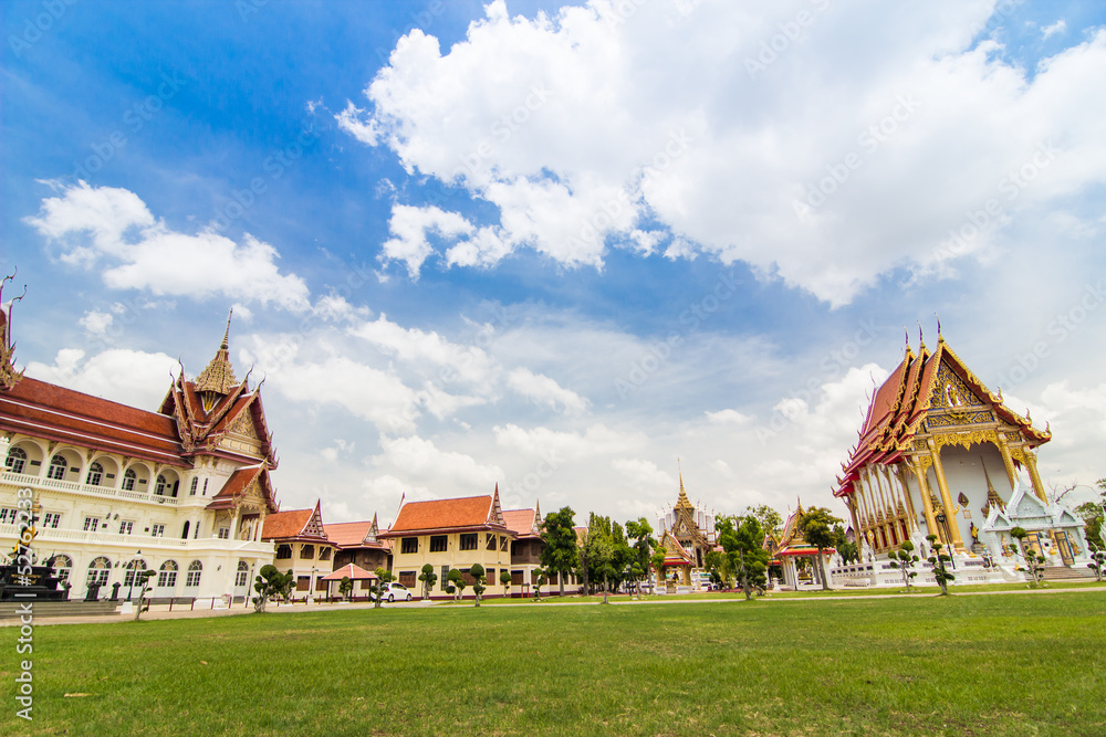 Thai temple with bluesky and green grass, religion