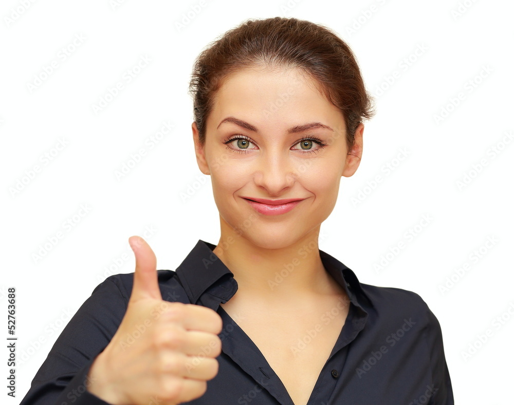 Smiling business woman showing thumb up sign isolated on white Smiling business woman showing thumb up sign isolated on white