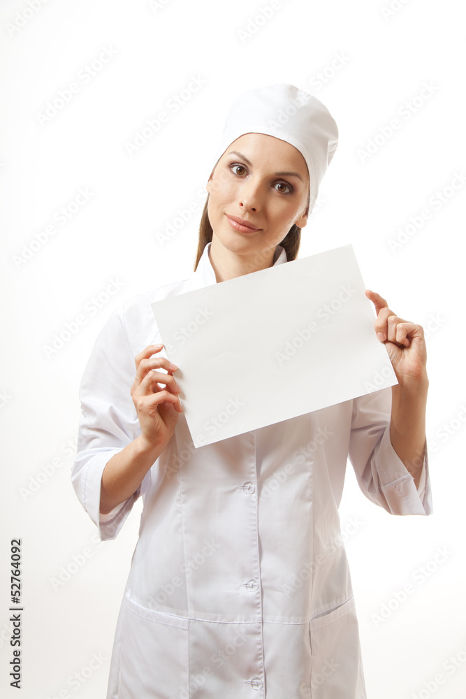 woman nurse or doctor showing blank sign board. woman nurse or doctor showing blank sign board.