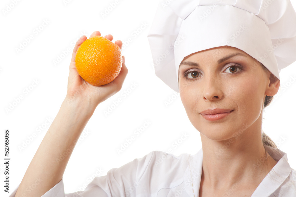 Smiling woman cook with orange, isoladed on white background Smiling woman cook with orange, isoladed on white background