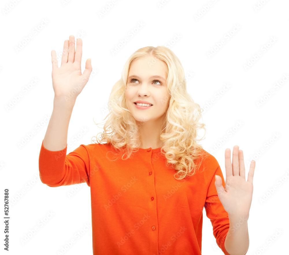 girl working with virtual screen girl working with virtual screen