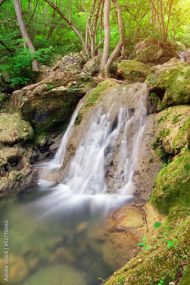 Waterfall. A stream of water in forest and mountain terrain. Waterfall. A stream of water in forest and mountain terrain.