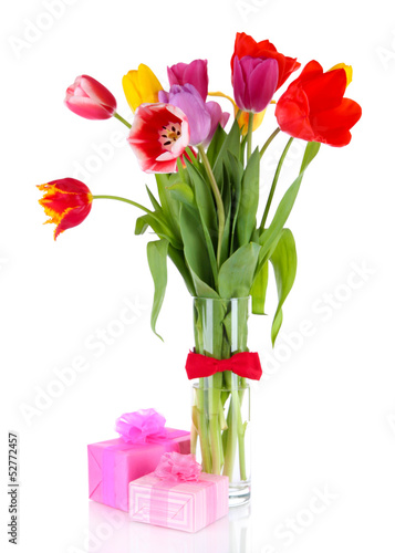 Fototapeta Naklejka Na Ścianę i Meble -  Beautiful tulips in bouquet with gifts isolated on white