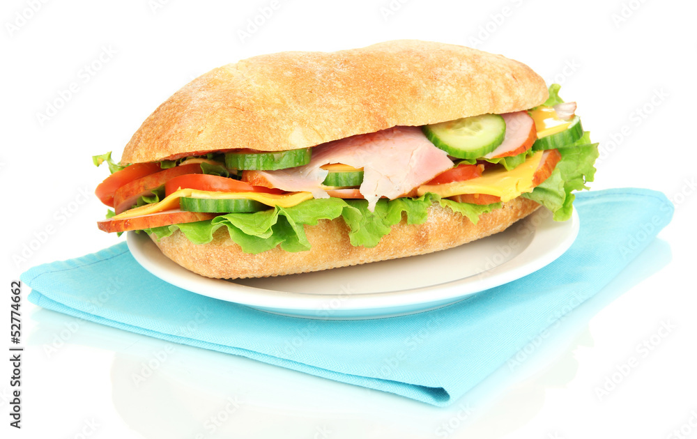 Fresh and tasty sandwich with ham and vegetables isolated Fresh and tasty sandwich with ham and vegetables isolated