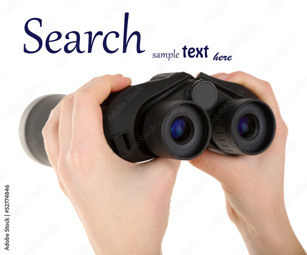 Black modern binoculars in hands isolated on white Black modern binoculars in hands isolated on white