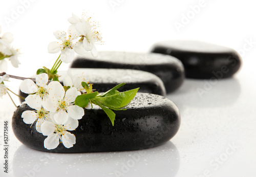 Spa stones and white flowers isolated on white
