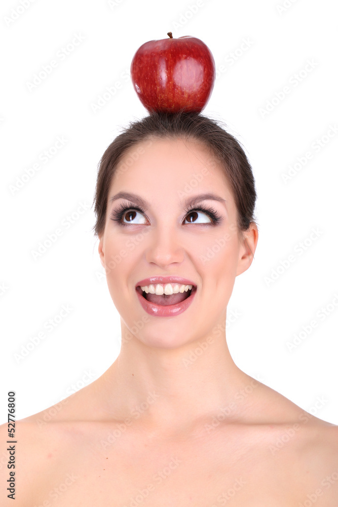 Smiling woman with apple isolated on white Smiling woman with apple isolated on white