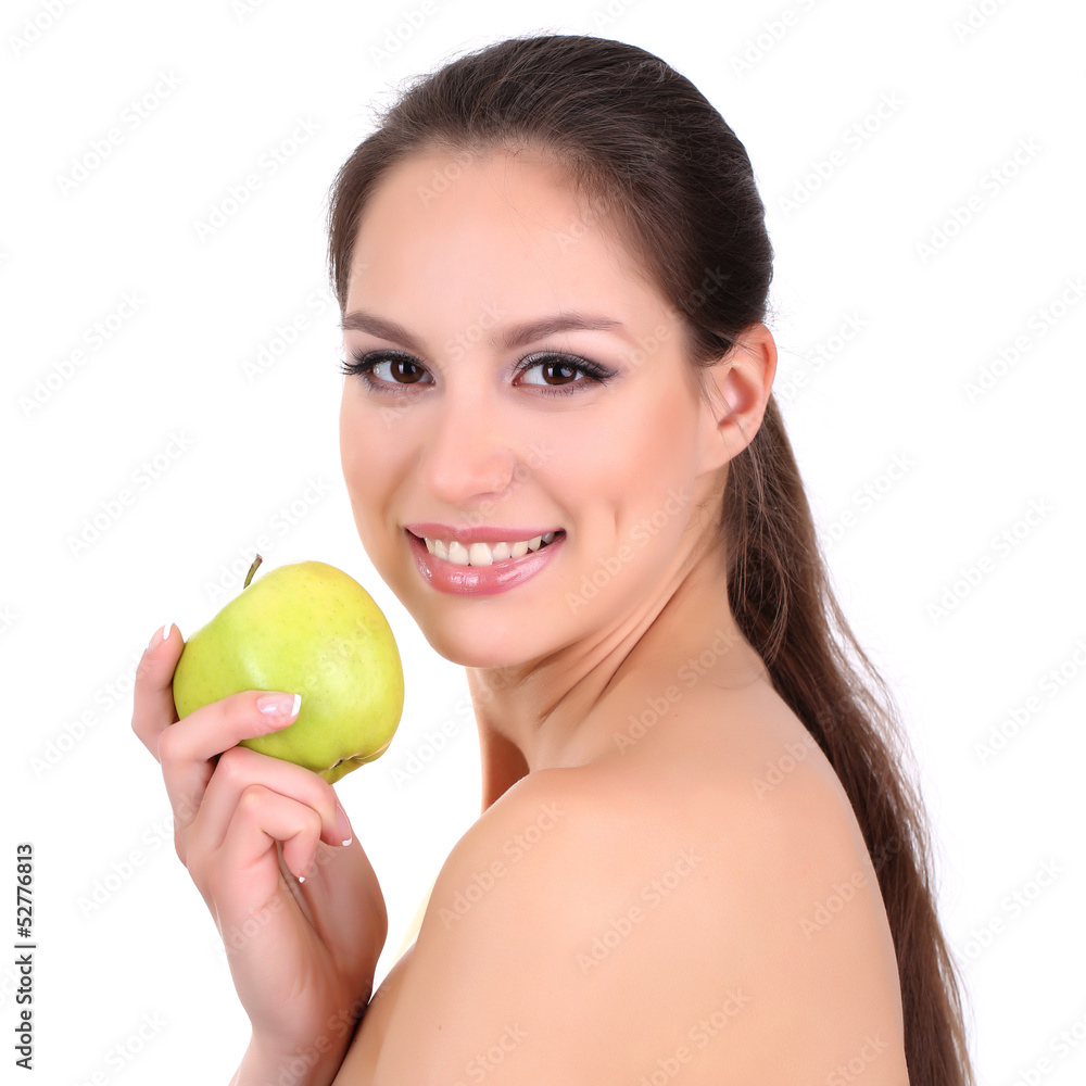 Smiling woman with apple isolated on white Smiling woman with apple isolated on white