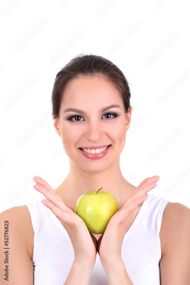 Smiling woman with apple isolated on white Smiling woman with apple isolated on white