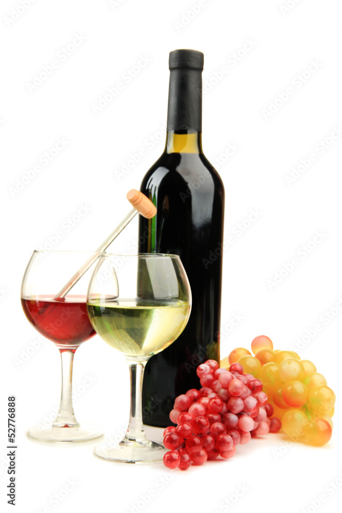 Bottle and glasses of wine with thermometer, isolated on white