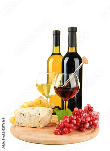 Wine, tasty blue cheese and grape, isolated on white