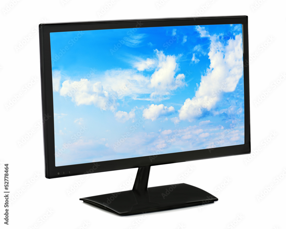 Black lcd monitor with blue sky isolated on white background. Black lcd monitor with blue sky isolated on white background.